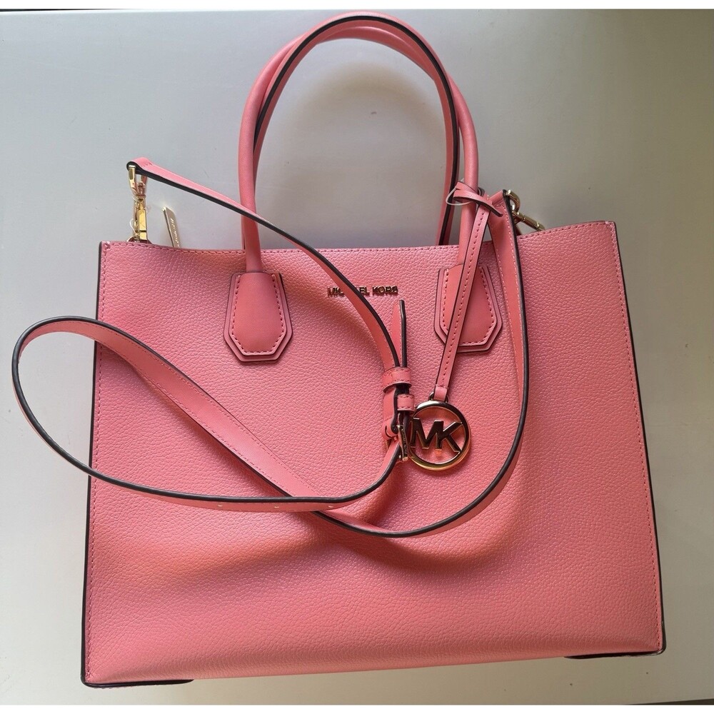 NWT Michael Kors Mercer Large Accordion Tote Pebbled Leather Grapefruit Pink - Picture 3 of 16